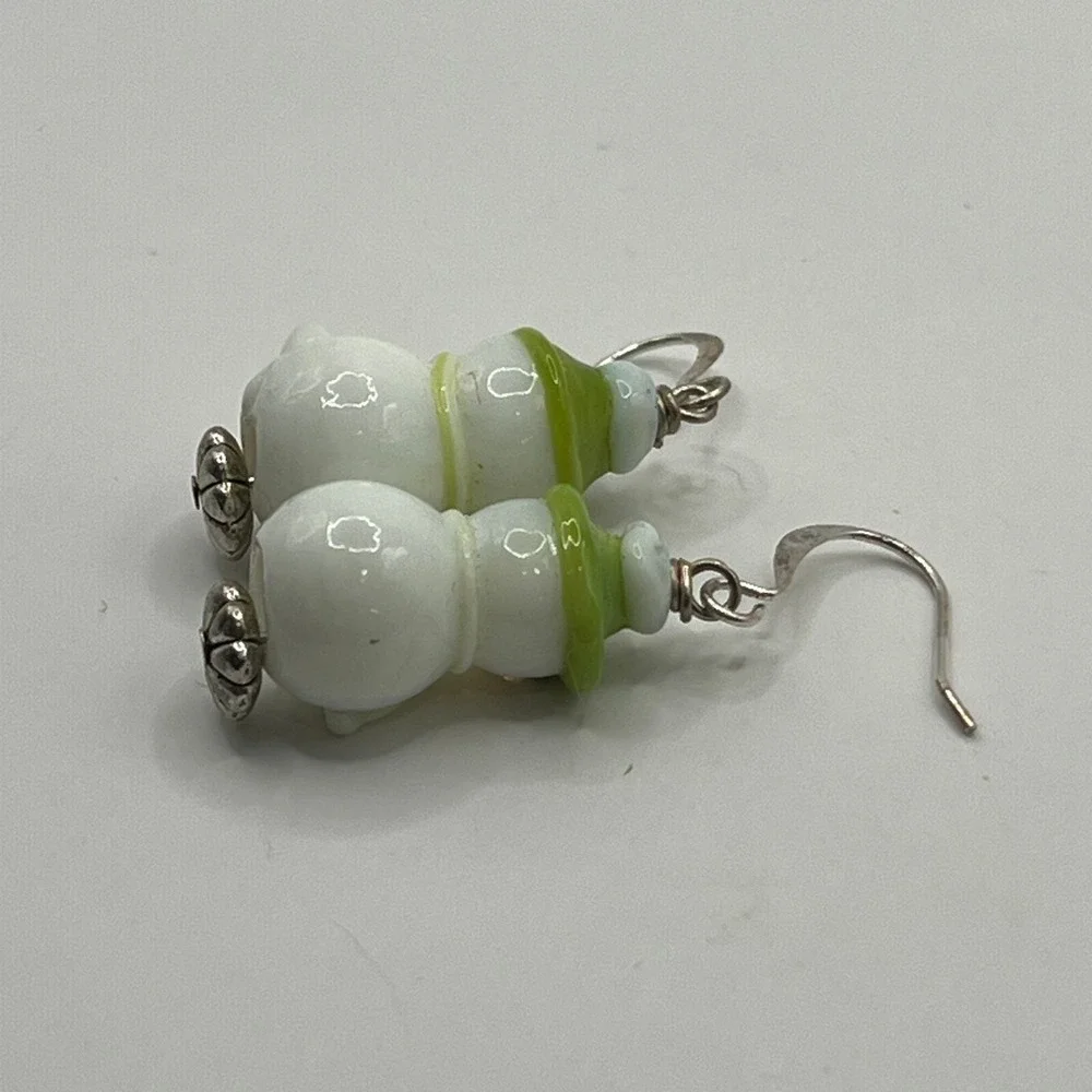 Vintage Snowman Pierced‎ Earrings White Glass and Silver Tone Winter Holiday